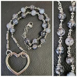 Handmade Dragon's Vein Agate and Stainless Steel Heart gemstone necklace